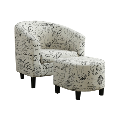 Monarch Modern Upholstered Curved Back Barrel Tub Chair with Matching Ottoman - Vintage French Print