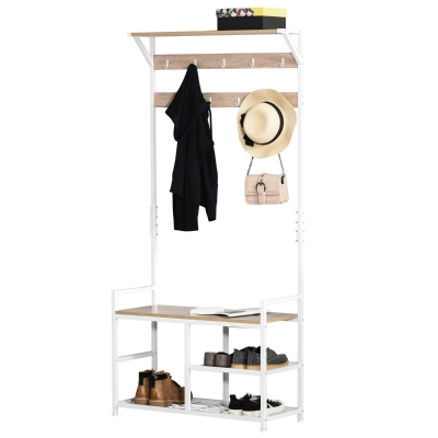 HOMCOM Hallway Tree Bench Organizer with 9 Coat Hooks, Large Sitting Bench and 3 Open Shelves for Entryway, Natural/White