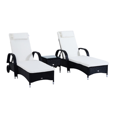 Outsunny 3pcs Rattan Patio Lounger Set w/ Padded Cushions & Strong Durable Design, Black