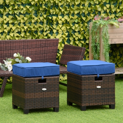 Outsunny 2 PCS Patio Wicker Ottoman Set, Two Square Outdoor PE Rattan Footrest with Removable Cushion, Freely Combined Furniture w/ Handle for Backyard, Garden, Poolside, Living Room, Blue