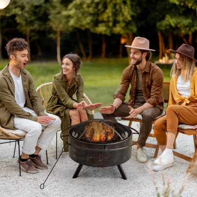 Outsunny Outdoor Fire Pit with Screen Cover, Wood Burning Firebowl with Poker for Patio, Backyard, Black