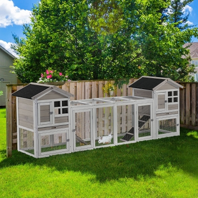 PawHut 102" 2 in 1 Wooden Rabbit Hutch Double Main House Pet Playpen Large Bunny House Enclosure for Indoor Outdoor with Run Box, Slide-out Tray, Ramp, for Rabbits and Small Animals, Grey