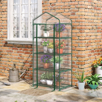 Outsunny 28" x 20" x 63" Portable Greenhouse with 4 Tier Shelves Outdoor Hot House Plant Flower Greenhouse, Steel Frame, PVC Cover, Transparent