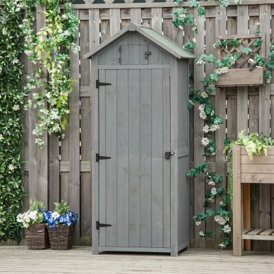 Outsunny 30" x 21" x 71" Garden Storage Shed, Outdoor Workshop Yard Tool Utility Storage House with 3 Tiers Shelves, Grey