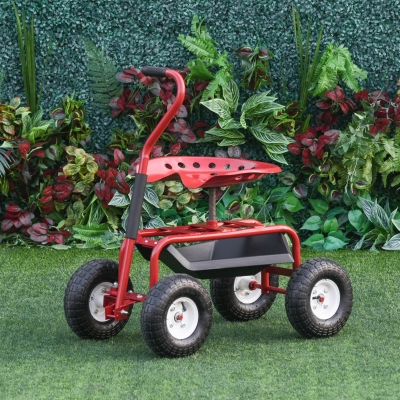 Outsunny Garden Cart, Rolling Scooter with Swivel and Adjustable Seat, Tool Tray, Bucket Basket, Red and Black