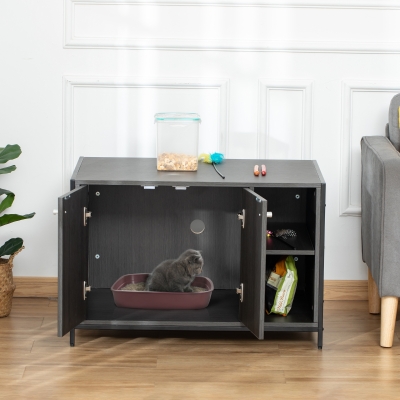 PawHut Cat Litter Box Enclosure Hidden Cat Furniture Cabinet Indoor Cat Washroom Double-door Nightstand End Table with Damping Hinge Multiple Storage Place Adjustable Partition Black