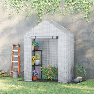 Outsunny 56"x29" Greenhouse for Outdoor, Portable Gardening Plant Hot House with 2-Tier Shelf, Roll-Up Zippered Door, PE Cover, Green