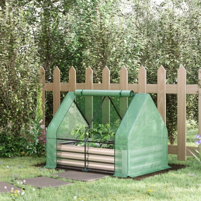 Outsunny Raised Garden Bed with Greenhouse, Steel Outdoor Planter Box with Plastic Cover, Roll Up Window, Dual Use for Flowers, Vegetables, Fruits and Herbs, 50"x37.5"x36.25", Green