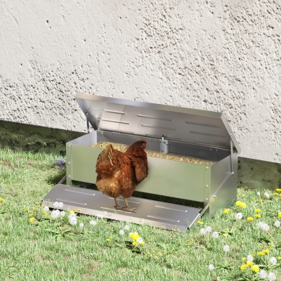 PawHut Automatic Chicken Feeder, 22.5 lbs Capacity Poultry Feeder with Self Opening Treadle, Lid, Silver
