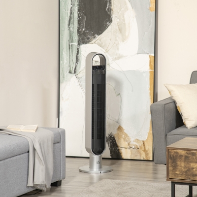 HOMCOM Freestanding Tower Fan Cooling for Bedroom with Oscillating, 3 Speed, 12h Timer, LED Sensor Panel, Remote Controller, Silver
