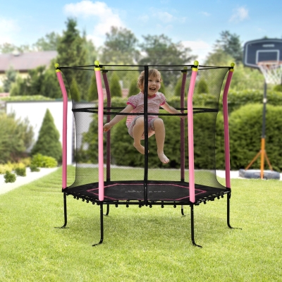 Soozier 64" Kids Trampoline Mini Indoor/Outdoor Bouncer Jumper with Enclosure Net Elastic Thick Padded Pole Gift for Child Toddler Age 3-10 Years Old Pink