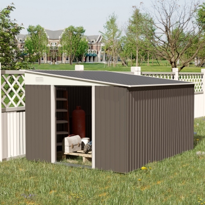 Outsunny 11.3' x 9.2' Steel Garden Storage Shed Outdoor Metal Tool House with Double Sliding Doors & 2 Air Vents, Grey