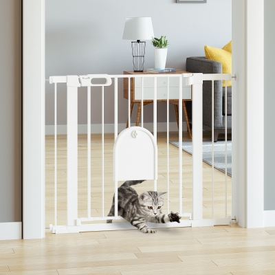 PawHut 29.5"-40.5" Extra Wide Pet Safety Gate Barrier, Stair Pressure Fit, w/ Small Door, Auto Close, Double Locking, for Doorways, Hallways, Extensions Kit, White