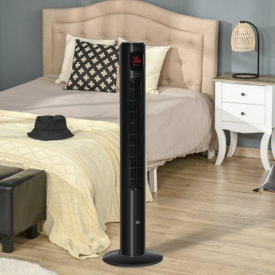 HOMCOM Freestanding Tower Fan Cooling for Home Bedroom with Oscillating, 3 Speed, 12h Timer, LED Sensor Panel, Remote Controller, Black