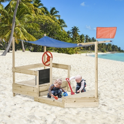 Outsunny Kids Wooden Sandbox, Covered Children Sand boat Outdoor, Foldable Play Station, w/ Flag, Canopy Shade, Bottom Liner, Blackboard, for 3-8 Years Old, Natural Wood