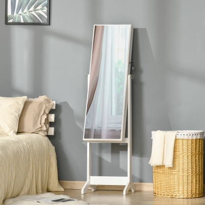 HOMCOM Jewelry Cabinet Floor Standing, Lockable Jewelry Organizer with Full-Length Mirror, 4 Angle Adjustable, White
