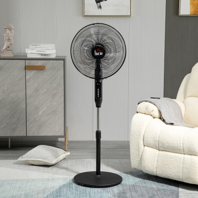 HOMCOM Standing Floor Fan with Remote Control, Stand Up Cooling Fan, Tall Pedestal Electric Fan for Bedroom, Black