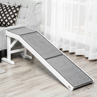 PawHut Pet Ramp Bed Steps for Dogs Cats Non-slip Carpet Top Platform Pine Wood 59.75"L x 15.75"W x 19.75"H White Grey