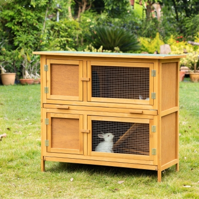 PawHut Solid Wood Rabbit/Bunny Hutch with 2 Large Main Rooms, Protection from UV Rays and Water, and Firm Cage, Yellow