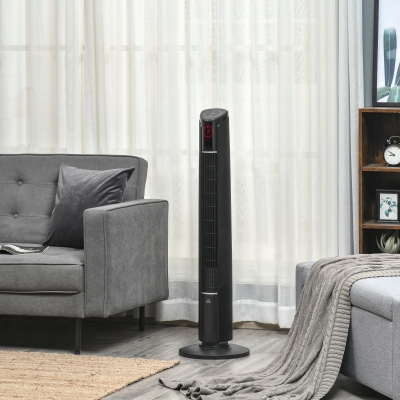 HOMCOM Freestanding Tower Fan Cooling for Bedroom with 3 Speed, 12h Timer, Oscillating, Tilt, LED Panel, Remote Controller, Black