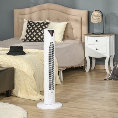 HOMCOM Freestanding Tower Fan Cooling for Bedroom with 3 Speed, 12h Timer, Oscillating, LED Sensor Panel, Remote Controller, White