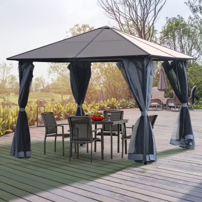 Outsunny 13' x 10' Garden Aluminum Gazebo Hardtop Roof Canopy Marquee Party Tent Patio Outdoor Shelter with Mesh Curtains & Side Walls, Grey