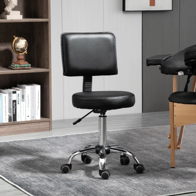 HOMCOM Rolling Swivel Salon Stool Chair with Mid Back and PU Leather, Height Adjustable Massage Medical Spa Stool for Beauty, Tattoo and Clinic, Black