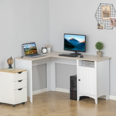 HOMCOM L-Shaped Computer Desk with Open Shelf and Storage Cabinet, Corner Writing Desk with Adjustable Shelf, Home Office Workstation, Natural Wood and White