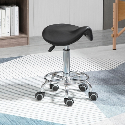 HOMCOM Saddle Stool, PU Leather Adjustable Rolling Salon Chair for Massage, Spa, Clinic, Beauty and Tattoo, Black