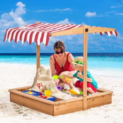 Outsunny Kids Wooden Sandbox, Children Sand Play Station Outdoor, with Adjustable Height Cover, Bottom Liner, Seat, Plastic Basins, Boys and Girls, for Backyard, Beach, Lawn