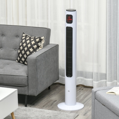 HOMCOM Freestanding Tower Fan Cooling for Home Bedroom with Oscillating, 3 Speed, 12h Timer, LED Sensor Panel, Remote Controller, White