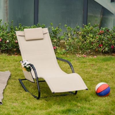 Outsunny Outdoor Rocking Recliner, Sling Sun Lounger with Removable Headrest and Side Pocket for Garden, Patio and Deck, Cream White