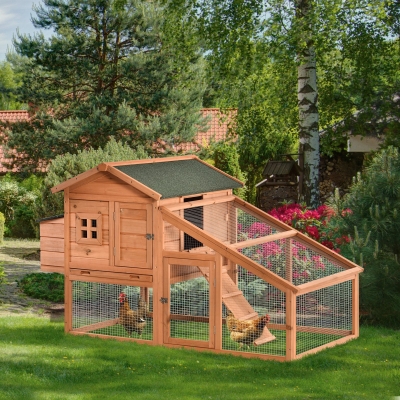 PawHut 69" Chicken Coop Wooden Hen House Rabbit Hutch Poultry Cage Pen Outdoor Backyard with Outdoor Run Resting Nesting Box Removable Tray Waterproof Asphalt Roof Lockable Door Yellow and Green
