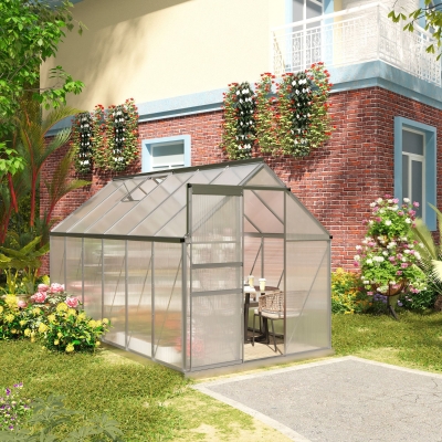 Outsunny 12' x 6' Aluminum Greenhouse Polycarbonate Walk-in Garden Greenhouse Kit with Adjustable Roof Vent, Rain Gutter and Sliding Door for Winter, Silver