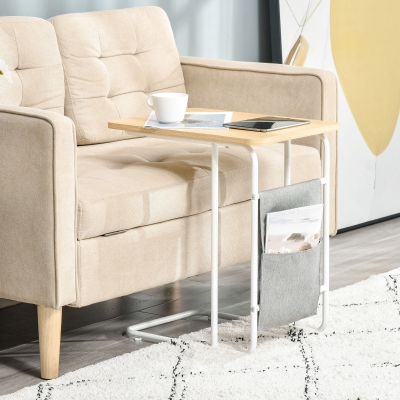 HOMCOM Industrial Side Table, C-Shaped Mobile End Coffee Table with Storage Bag for Sofa Couch Bed