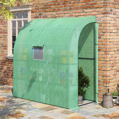 Outsunny 7' x 3' x 7' Outdoor Walk-In Lean-to Greenhouse, Plant Gardening Green House with Roll-up Windows, Zipper Door and 3-Tier Shelves, Green
