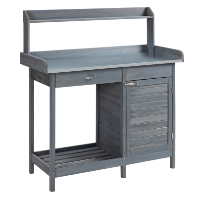 Outsunny Multi-function Potting Bench Table w/ Storage Cabinet & Steel Table Top, Grey