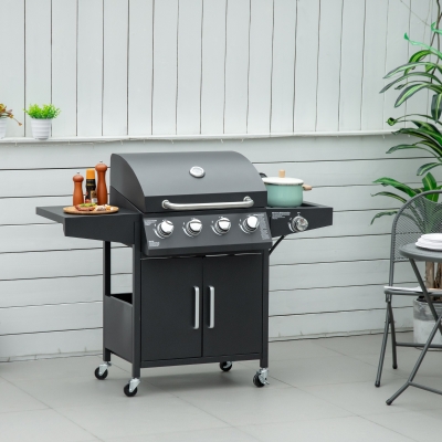 Outsunny 4+1 Burner Liquid Propane Gas Grill Outdoor Cabinet Style BBQ Trolley w/ Side Burner, Warming Rack, Side Shelf, Storage Cabinet, Thermometer, 4 Wheels, Carbon Steel, Black