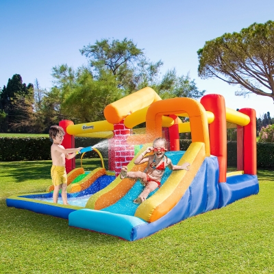 Outsunny 4 in 1 Kids Bounce Castle Extra Large Double Slides & Trampoline Design Inflatable House Pool Climbing Wall with Carrybag Air Blower