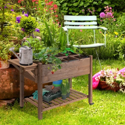 Outsunny 34.25" Elevated Wooden Garden Box, Lockable Wheels, Brown