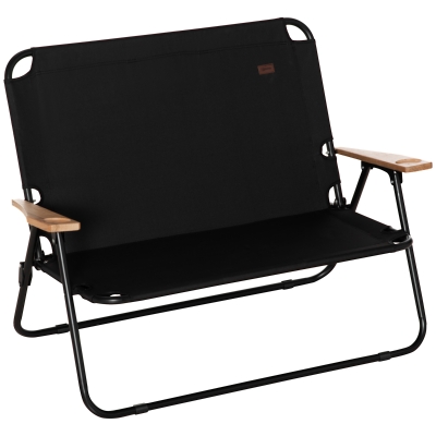 Outsunny Double Folding Chair Loveseat Camping Chair with Armrests & Cup Holder, Black