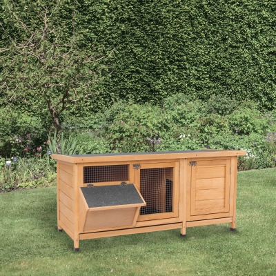PawHut Wooden Rabbit Hutch Bunny Cage Guinea Pig House Outdoor with Sliding Out Tray, Openable Roof, Feeding Trough, Yellow