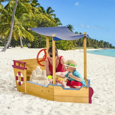 Outsunny Kids Wooden Sandbox with Canopy & Bench Storage
