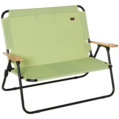 Outsunny Double Folding Chair Loveseat Camping Chair with Armrests & Cup Holder, Green