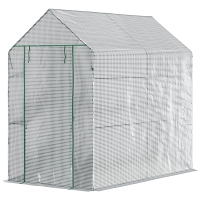 Outsunny 47" x 73"x 75" Walk-in Greenhouse Outdoor Portable Plant Flower Growth Warm House Garden Tunnel Shed w/ Roll-up Door and 4 Shelves White