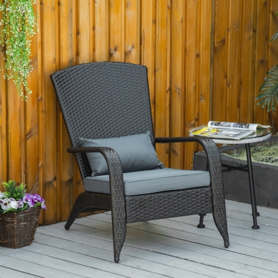 Outsunny Patio Classic Rattan Adirondack Chair, Outdoor PE Rattan Leisure Deck Chair, Ergonomic Armrest Chair with Cushion Light Grey
