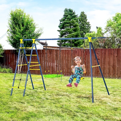 Outsunny 330 lbs Kids Swing Set for Backyard, Outdoor Play Equipment, with Adjustable Swing Seat, Basket Hoop, Climb Ladder, Net, A-Frame Metal Stand, Green