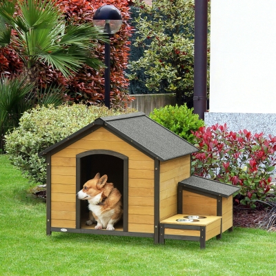 PawHut Wooden Dog House Outdoor, Cabin Style Raised Pet Home Cottage, with Bowls, Weather Resistant Roof, Storage Box, for Medium Sized Dog, Natural Wood