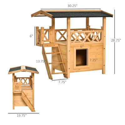 PawHut 2-Story Wood Cat House Pet Kitten Durable Shelter with Roof ...