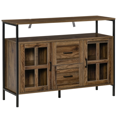 HOMCOM Rustic Kitchen Sideboard, Serving Buffet Storage Cabinet with Adjustable Shelves, Glass Doors, and 2 Drawers for Living Room, Dark Walnut